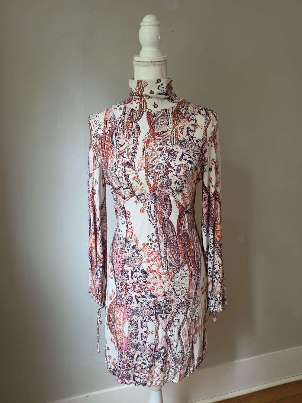 Free People All Dolled Up Cream Paisley Mock-Neck Long Sleeve Dress